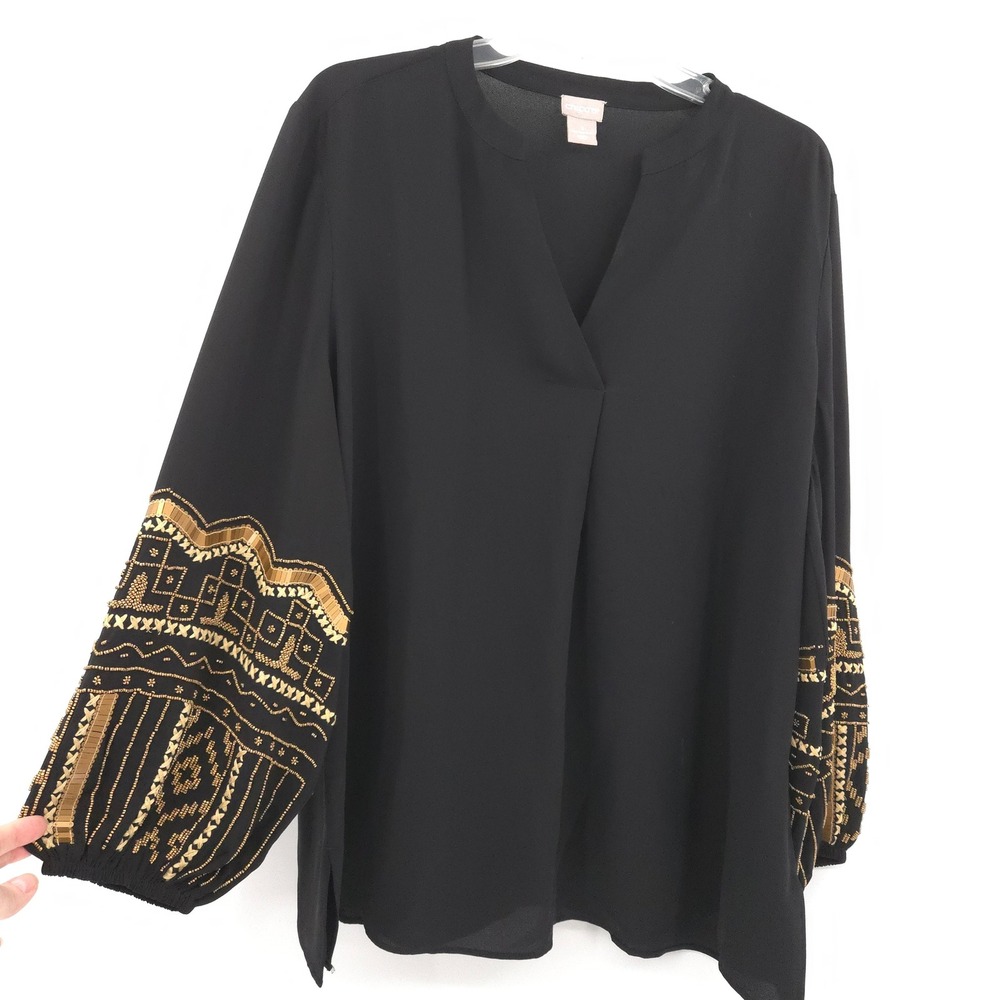 Chico's Beaded Embroidered Blouse Women 3 (XL) Black Gold V-Neck Long Sleeve